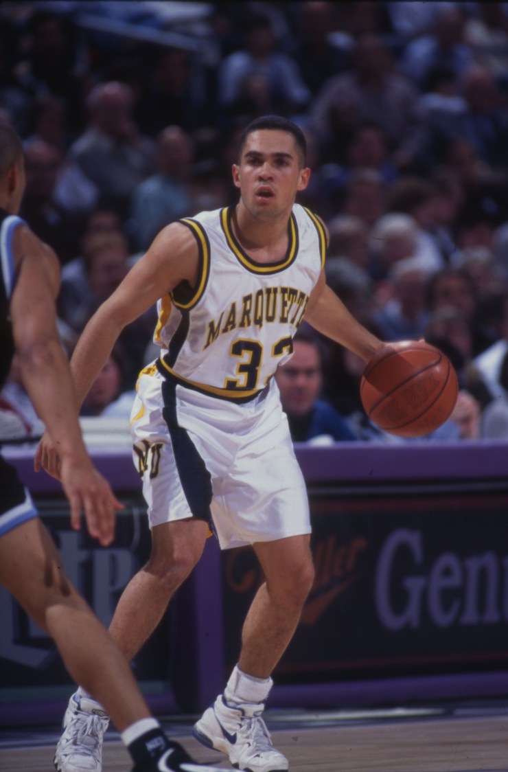 Mark Harris dribbling basketball, 1995-1996